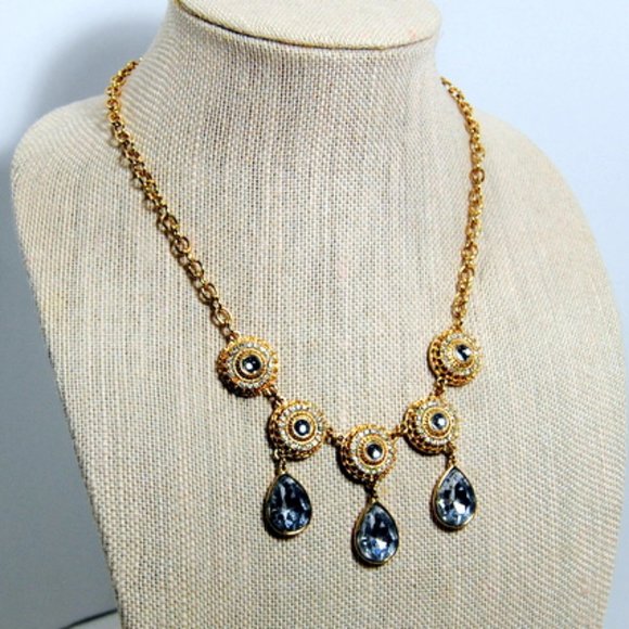 Statement Jewelry Necklace Gold Diamonds Crystals - Picture 1 of 4